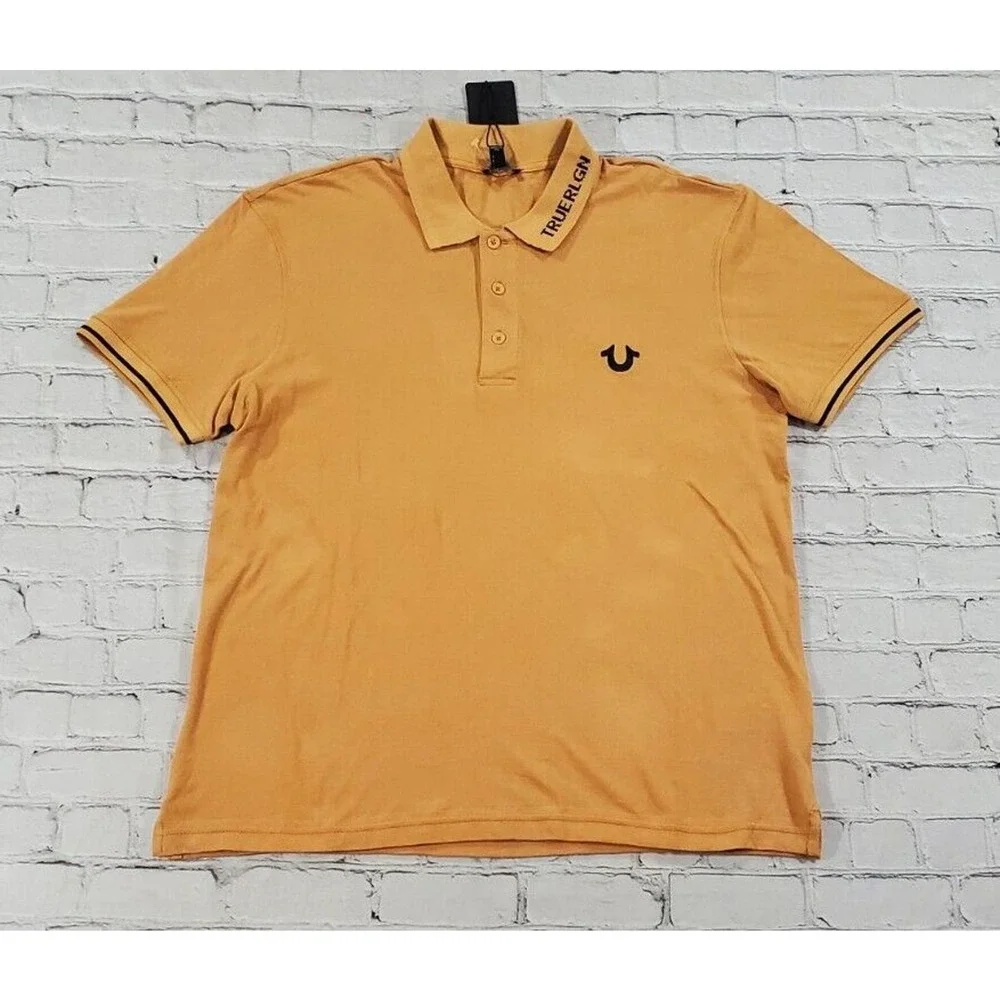 True Religion Tan Black Branded Collar SS Polo MENS SIZE SMALL